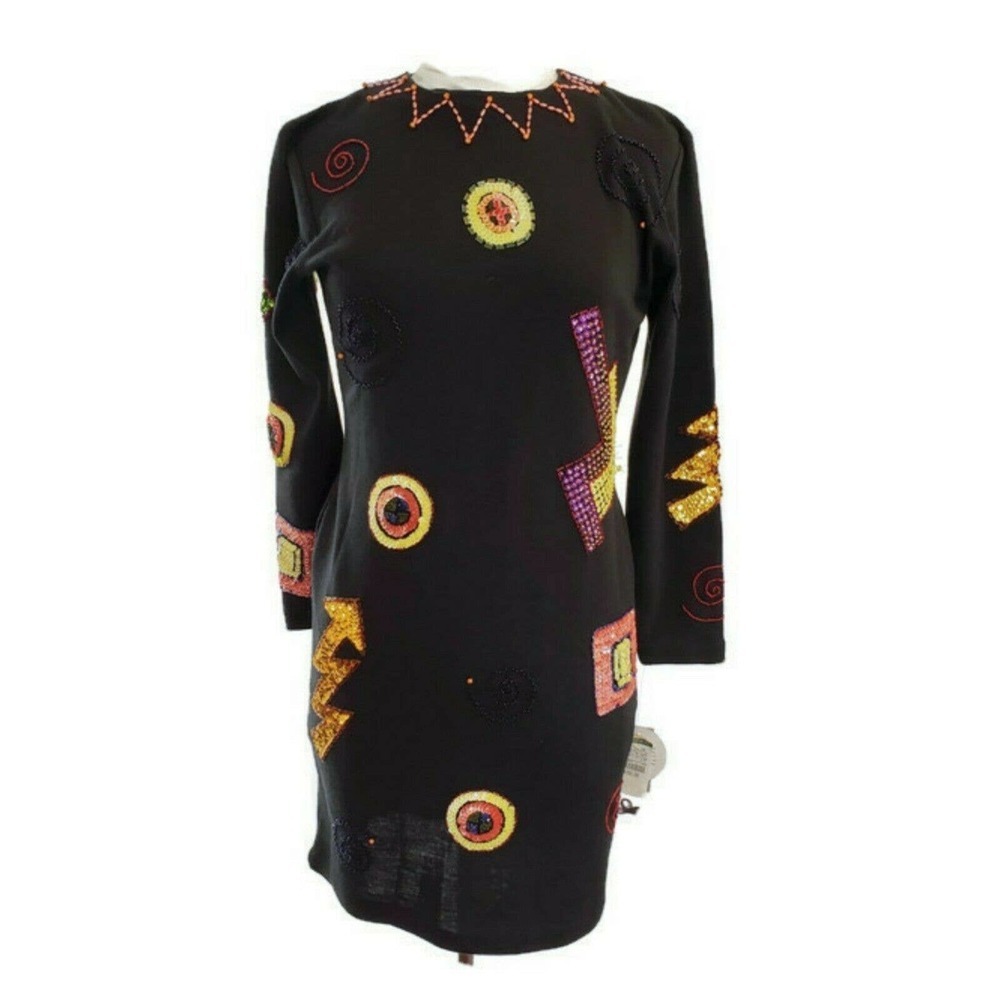 Vintage 60s 70s liz Claiborne dead Stock Black Dress Mod Hand Sequin NWT